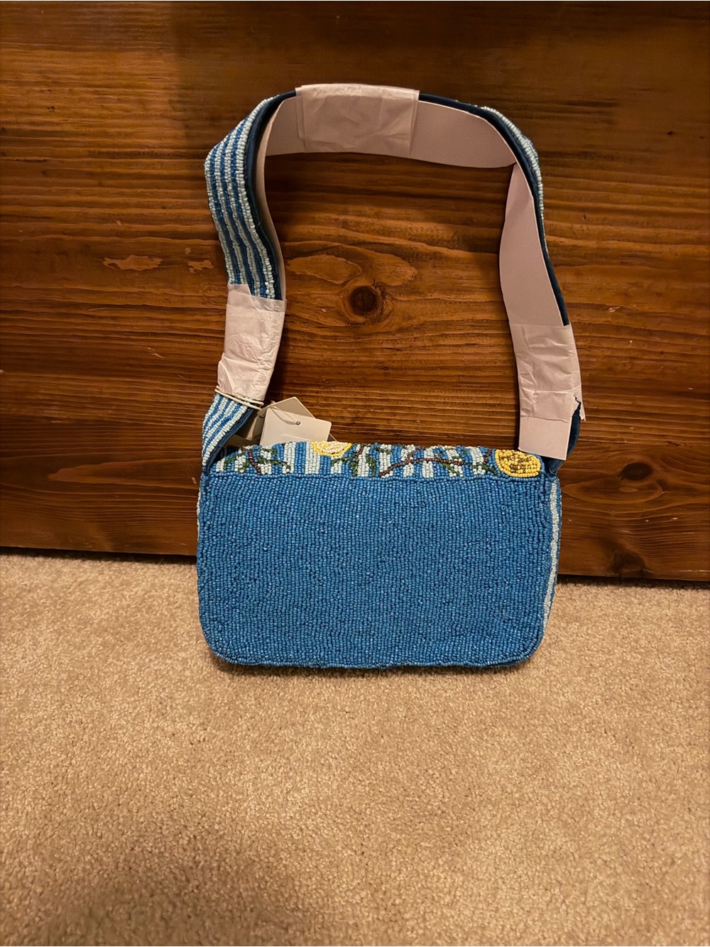 Blue Striped Lemon Beaded Shoulder Bag RARE - Picture 4 of 5